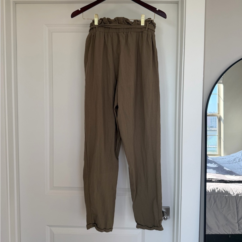 Olive Green Paperbag Waist Tie Belted High Rise Pants Large Casual 100% Cotton - Picture 3 of 9